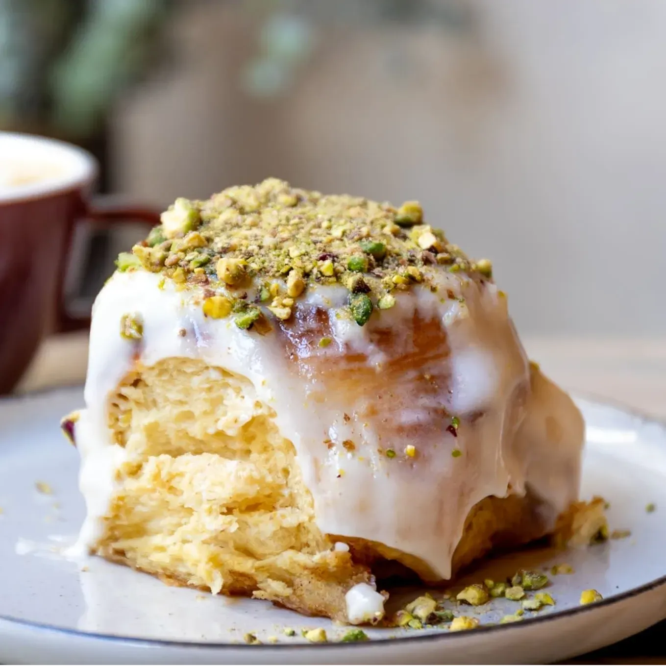Pistachio cinnamon roll topped with crushed pistachios